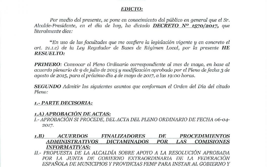 Convocatoria de pleno ordinario para el 4 de mayo de 2017