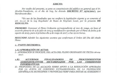 Convocatoria de pleno ordinario para el 4 de mayo de 2017