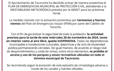 Tacoronte suspende la actividad cultural, deportiva y de ocio de este miércoles 20